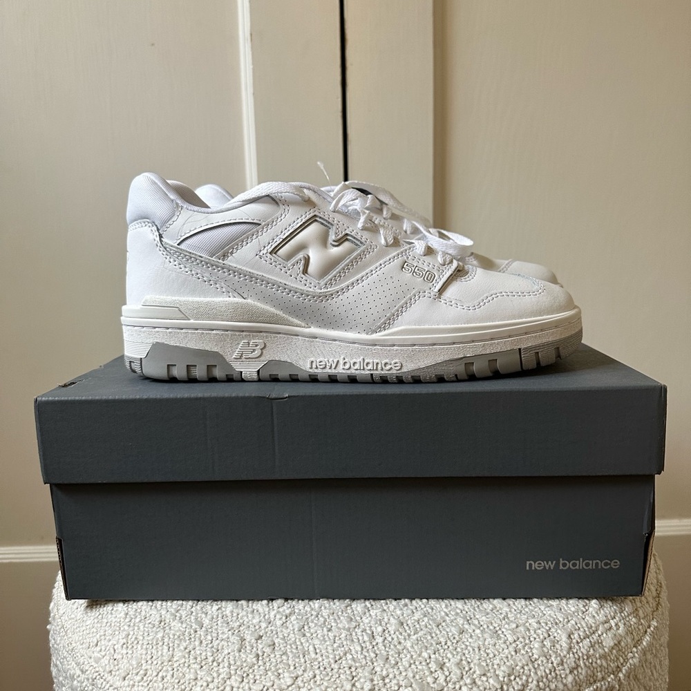 New Balance 550s in white. Unisex - Men’s Size 7, Women’s Size 8.5.